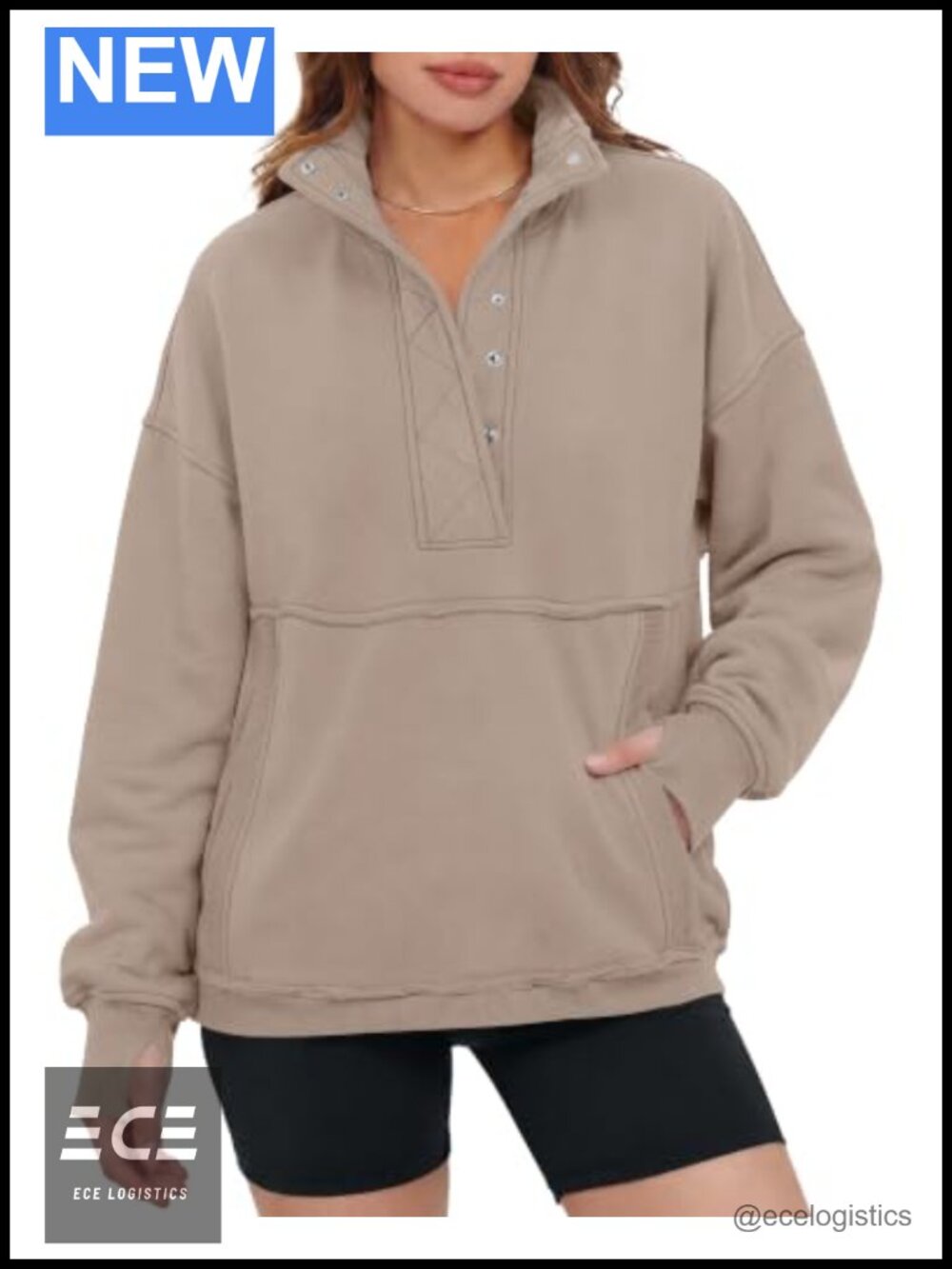 Womens Oversized Henley Sweatshirt Kangaroo Pocket Thumbhole Pullover